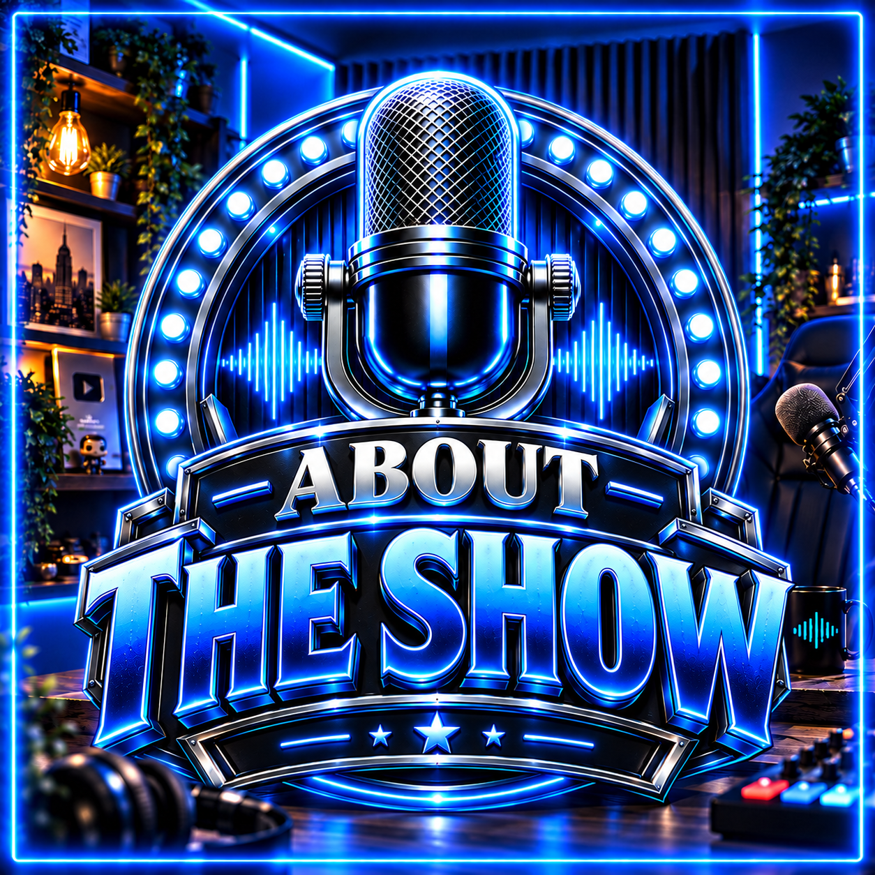 About the podcast title artwork in a blue studio setting