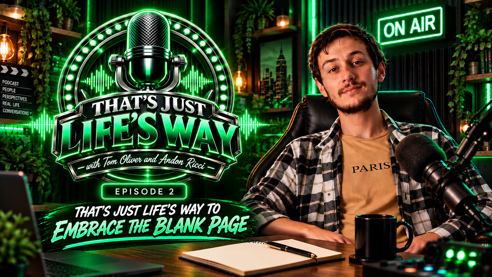 Episode 2: That's Just Life's Way to Embrace the Blank Page, green podcast title card with Andon Ricci